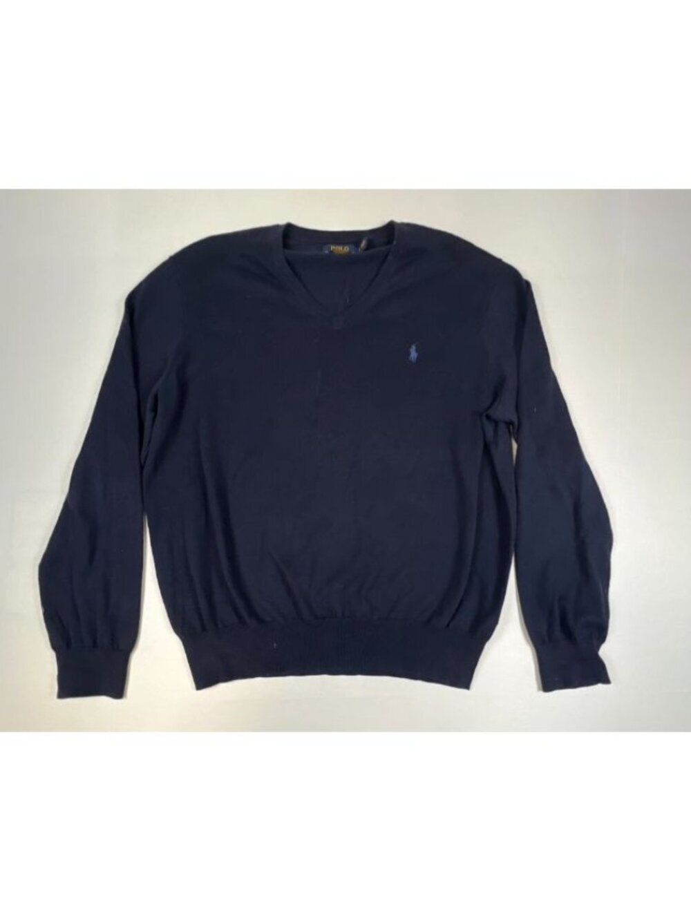 Polo Ralph Lauren Men L Navy Blue Pima Cotton V-Neck Sweater Jumpman Pullover
